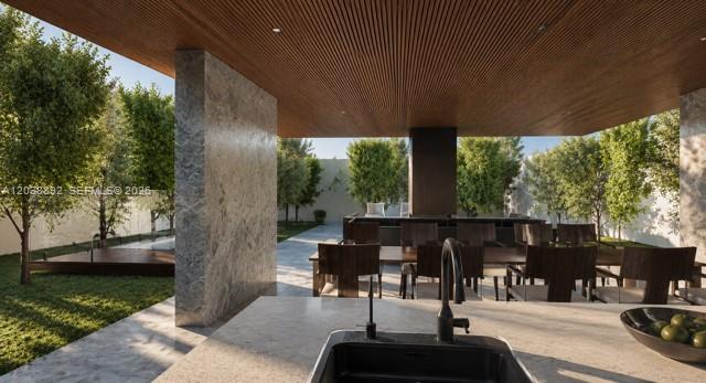 This rendering shows an outdoor kitchen and dining area with wood ceilings and stone finishes — 9200 SW 128 ST, Kendall FL 33176, KENDALL, FL