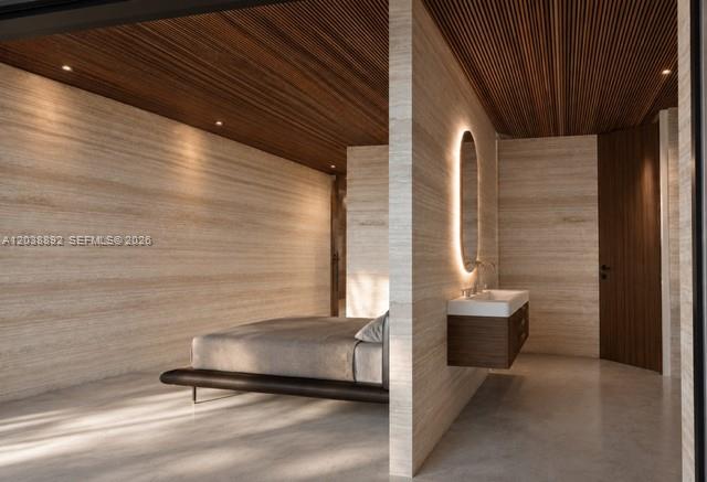 This rendering shows a modern bedroom with a floating vanity and wood-slatted ceiling — 9200 SW 128 ST, Kendall FL 33176, KENDALL, FL