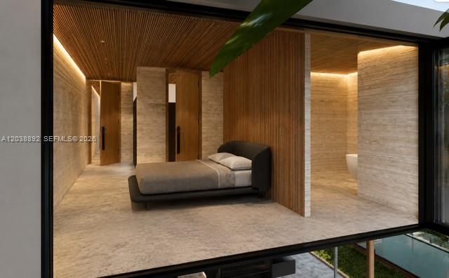 This architectural rendering shows a modern bedroom with wood-slatted ceilings and stone walls — 9200 SW 128 ST, Kendall FL 33176, KENDALL, FL