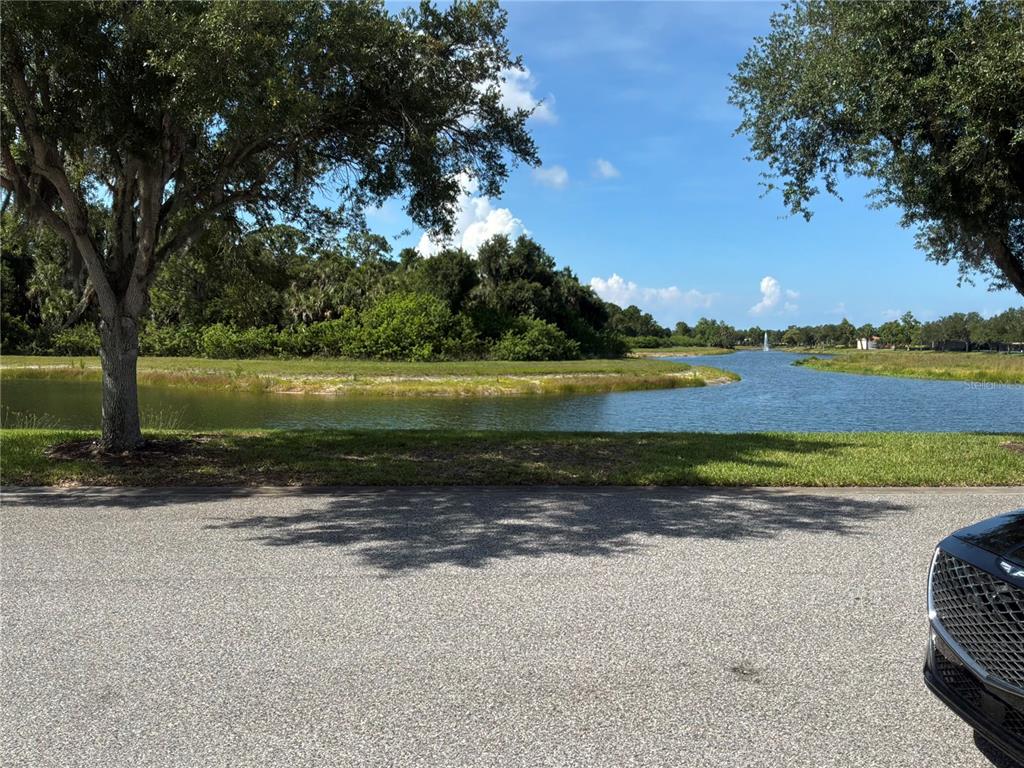 A view of a pond with a fountain from a paved street with trees — 8004 CAMMINARE DRIVE, SARASOTA, FL