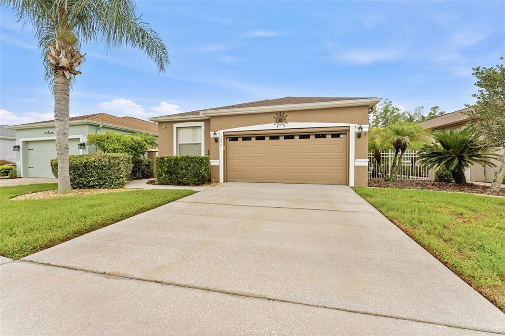 A single-story house with a tan stucco exterior, a two-car garage, and a palm tree — 7606 BERNA LANE, LAND O LAKES, FL