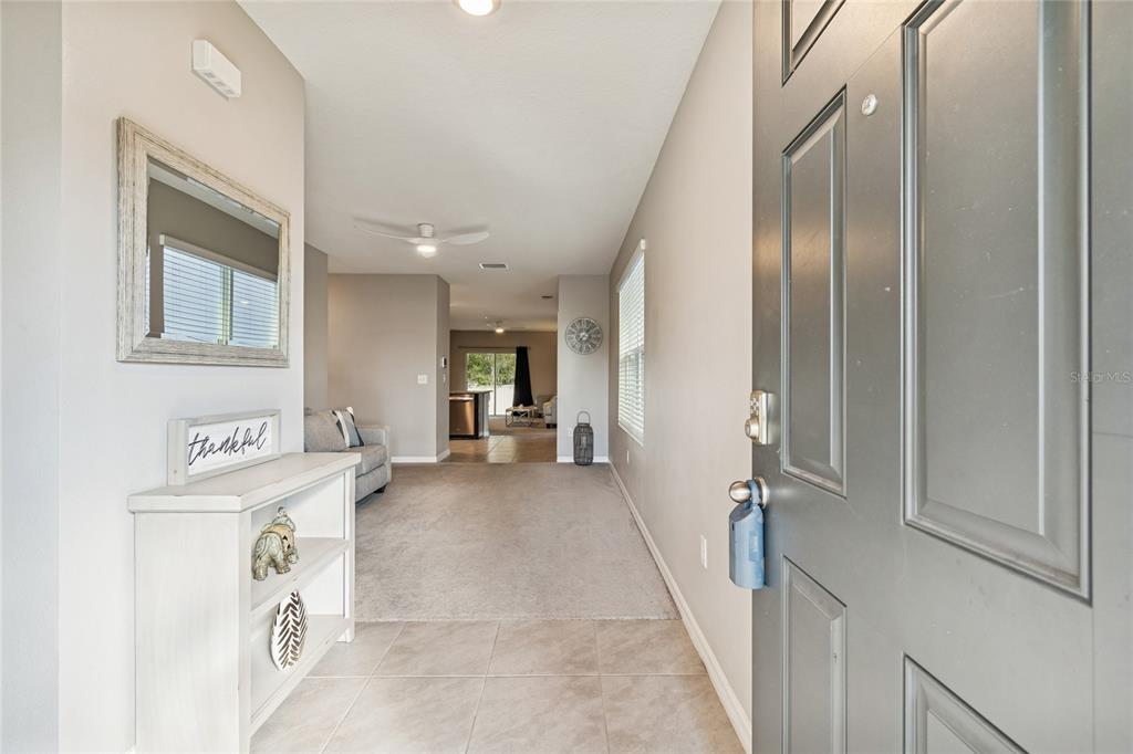 An entryway with tile flooring leads into a carpeted living area with a white console — 5221 HILLSIDE MEADOW PLACE, TAMPA, FL