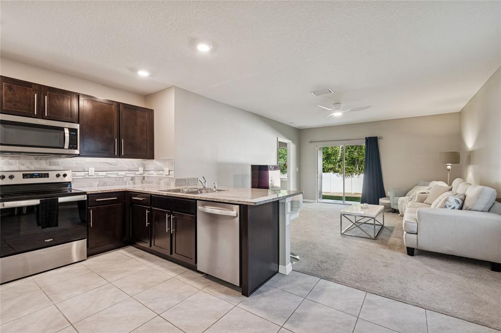 An open-concept kitchen with dark cabinets and stainless steel appliances overlooks a carpeted living area — 5221 HILLSIDE MEADOW PLACE, TAMPA, FL