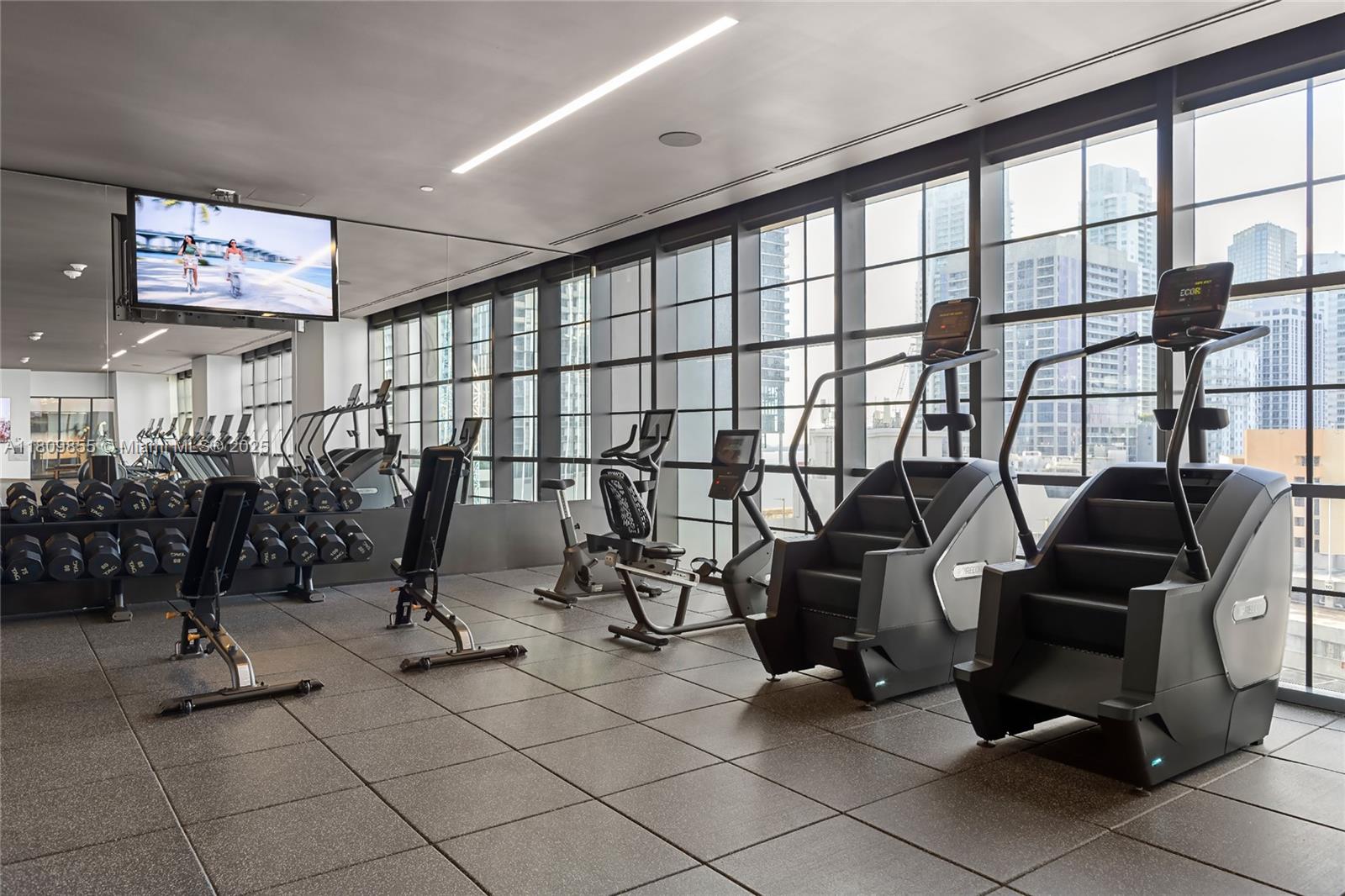 A modern gym features rows of cardio equipment, weight racks, and floor-to-ceiling windows with city views — 159 NE 6th St # 3012, Miami FL 33132, MIAMI, FL