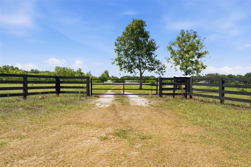 A black metal gate opens onto a dirt path between fenced pastures with two trees — 14433 LAKE YALE ROAD, UMATILLA, FL