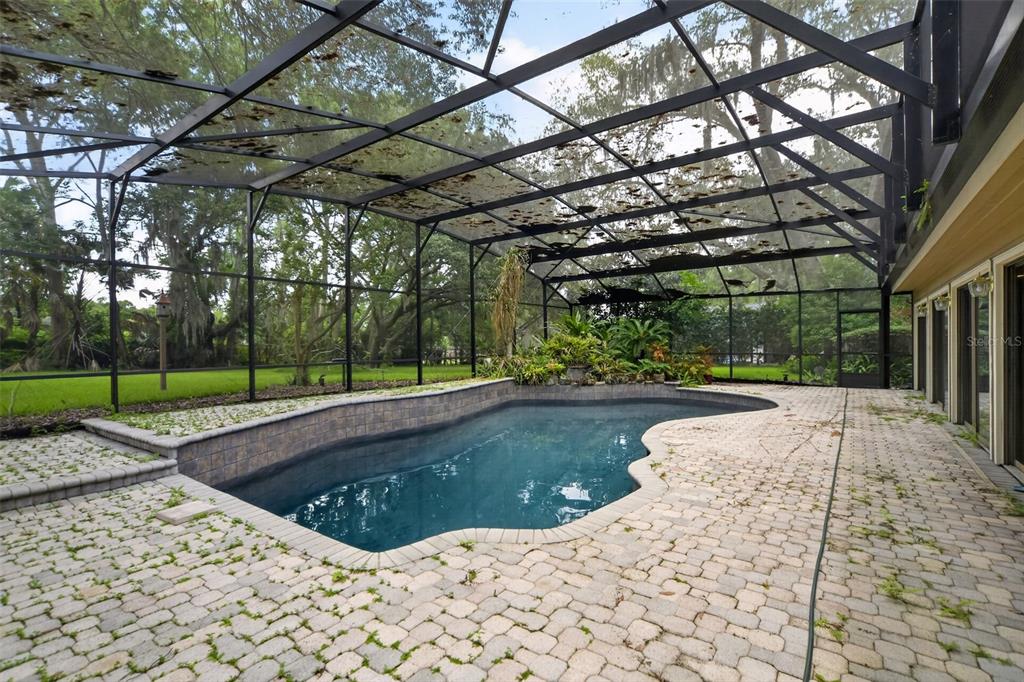A swimming pool with a raised stone wall sits inside a damaged screened-in patio enclosure — 1808 WINGFIELD DRIVE, LONGWOOD, FL