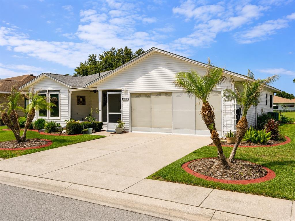A white single-story house with a concrete driveway and two palm trees in the front yard — 3526 INNISBROOK DRIVE, LAKELAND, FL