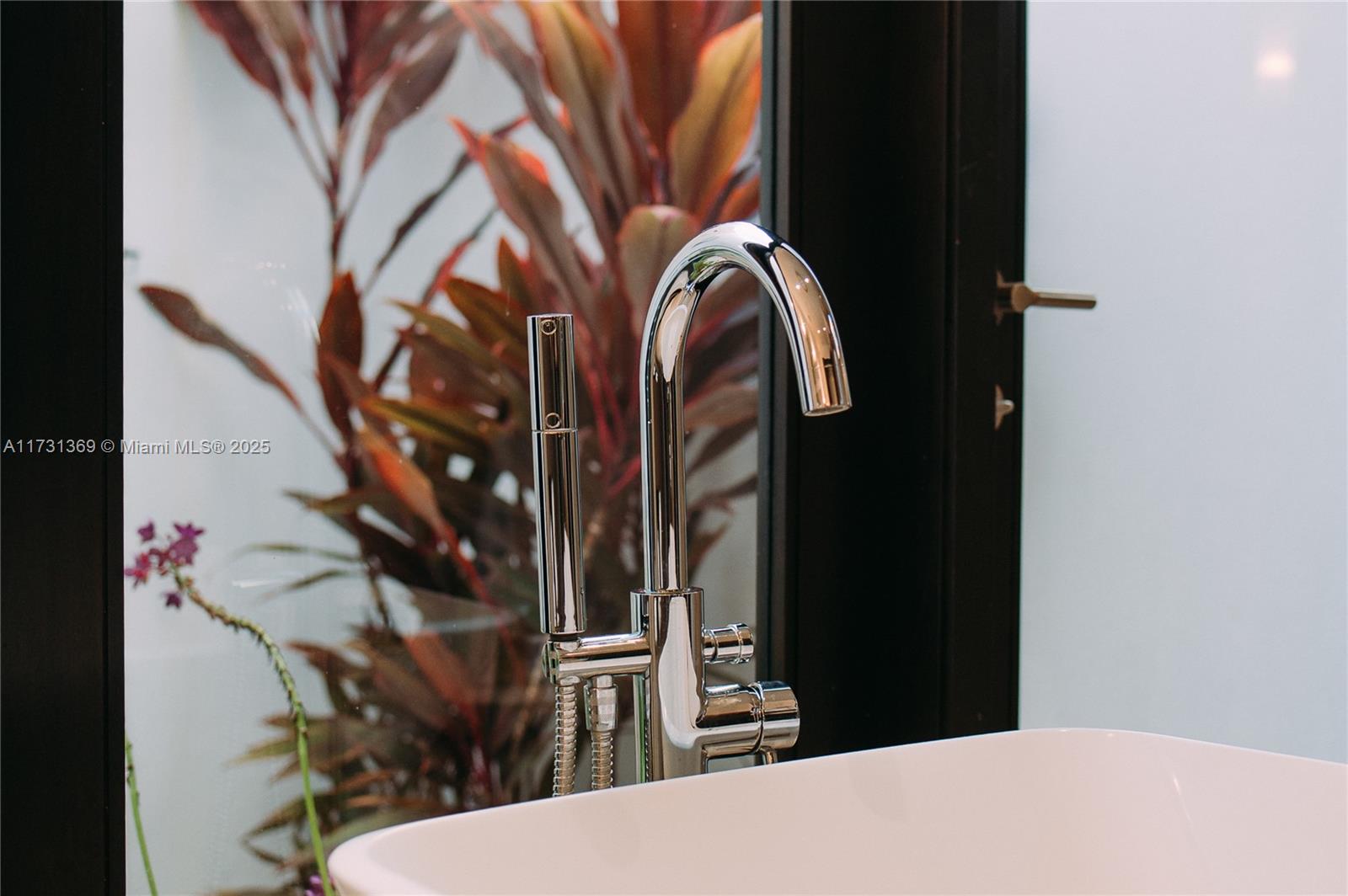 A chrome faucet and handheld sprayer are positioned in front of a window with plants — Villas at Pinney's Beach 2010 # 2010, FL, FL