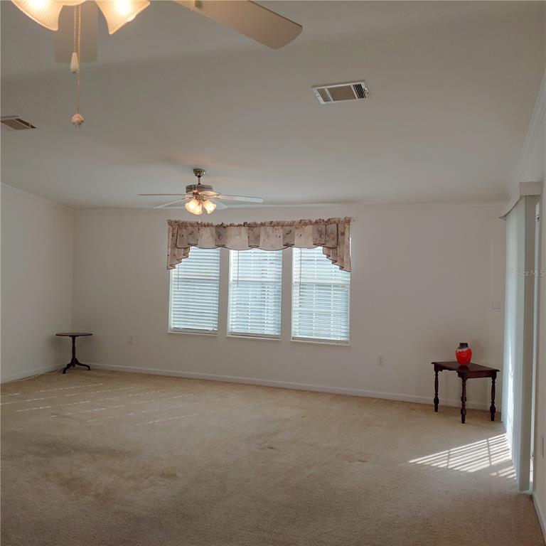 A spacious living room features beige carpeting, white walls, and a ceiling fan — 1760 DOROTHY BOULEVARD, LUTZ, FL