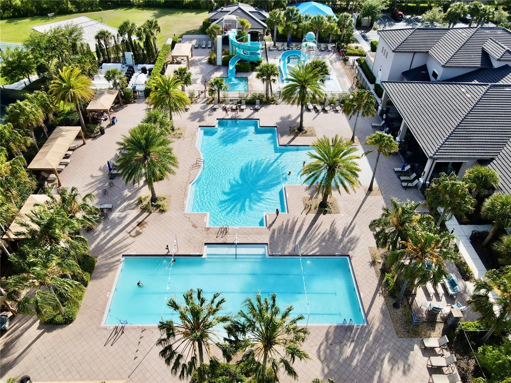 An aerial view shows a community swimming pool complex with slides and lounge areas — 30351 TRISTANIA COURT, WESLEY CHAPEL, FL