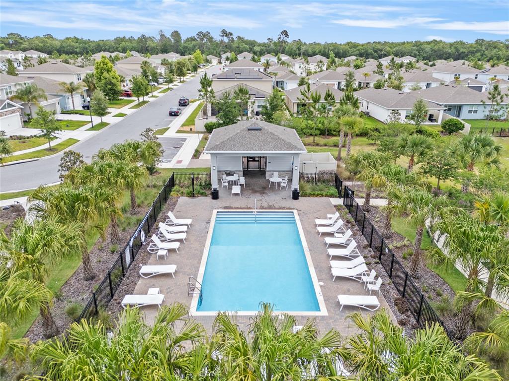 An aerial view shows a rectangular swimming pool with lounge chairs and a covered pavilion — 2209 CANOPY TERRACE BOULEVARD, DELAND, FL