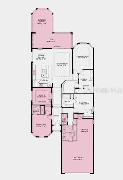 This is a floor plan for a single-story home featuring three bedrooms, a study, and a garage — 3946 MASANIELLO WAY, WESLEY CHAPEL, FL