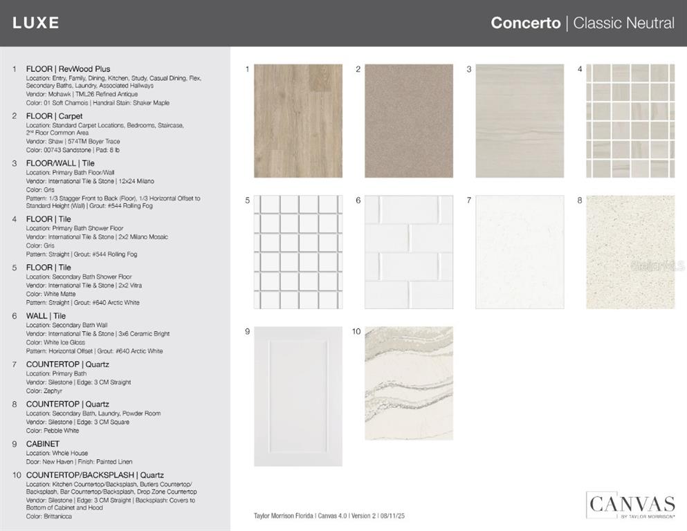This design board displays various flooring, tile, countertop, and cabinet finish samples for a home — 3946 MASANIELLO WAY, WESLEY CHAPEL, FL