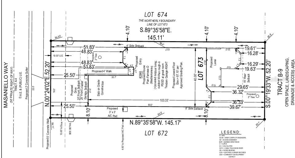 This is a site plan showing the proposed house footprint on a residential lot — 3946 MASANIELLO WAY, WESLEY CHAPEL, FL