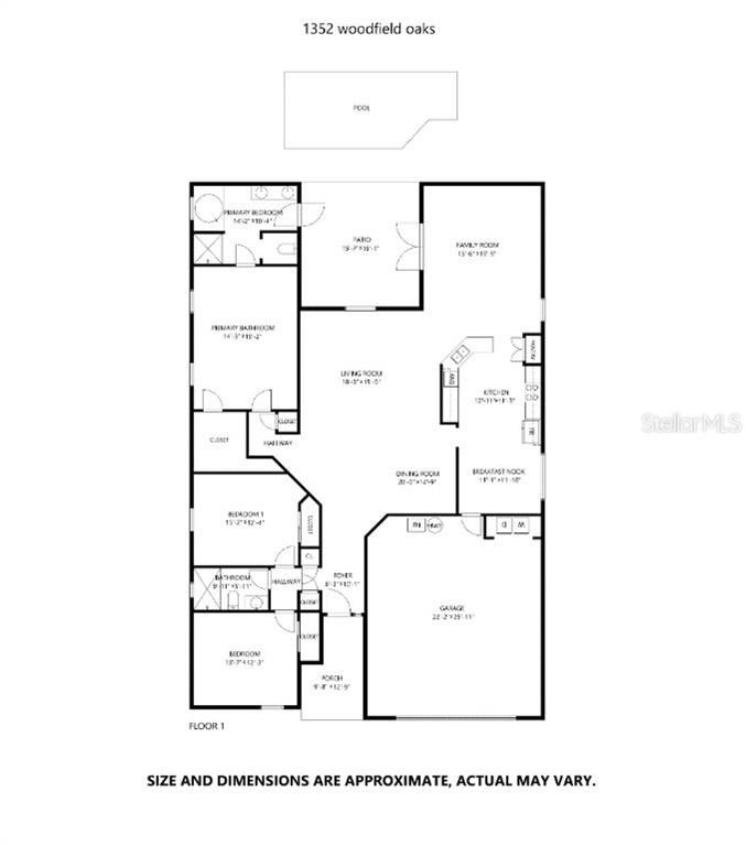 This is a floor plan for a single-story house featuring a pool and attached garage — 1352 WOODFIELD OAKS DRIVE, APOPKA, FL