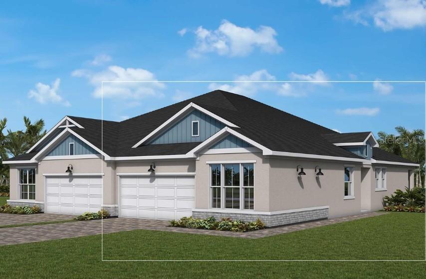 This is a digital rendering of a single-story duplex with a tan stucco exterior — 2816 MARRAKESH LANE, SARASOTA, FL