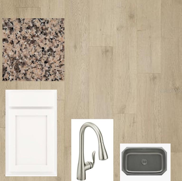 This digital rendering displays kitchen finish samples including granite, white cabinetry, a faucet, and flooring — 2816 MARRAKESH LANE, SARASOTA, FL