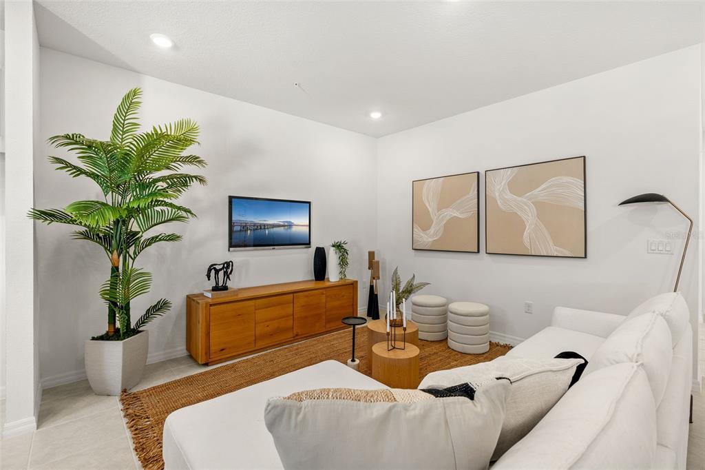 A living room features a white sofa, a wooden media console, and a large potted plant — 668 EMERALD GROVE DRIVE, APOPKA, FL