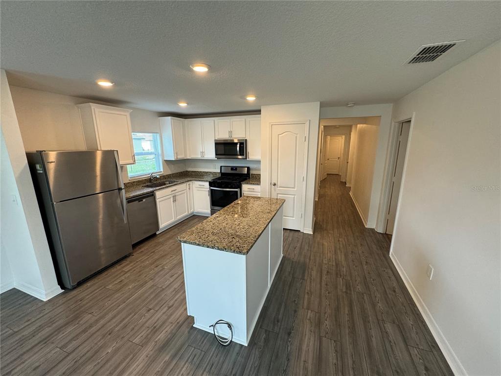 An open-concept kitchen and living area features gray wood-look flooring, white cabinets, and granite countertops — 233 KENSINGTON VIEW BOULEVARD, WINTER HAVEN, FL