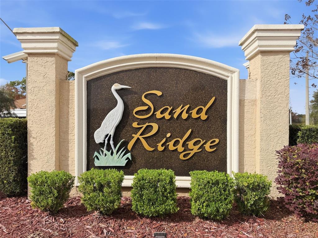 A beige stucco monument sign with a heron graphic displays the name Sand Ridge — 12943 IMPATIENS STREET, SPRING HILL, FL