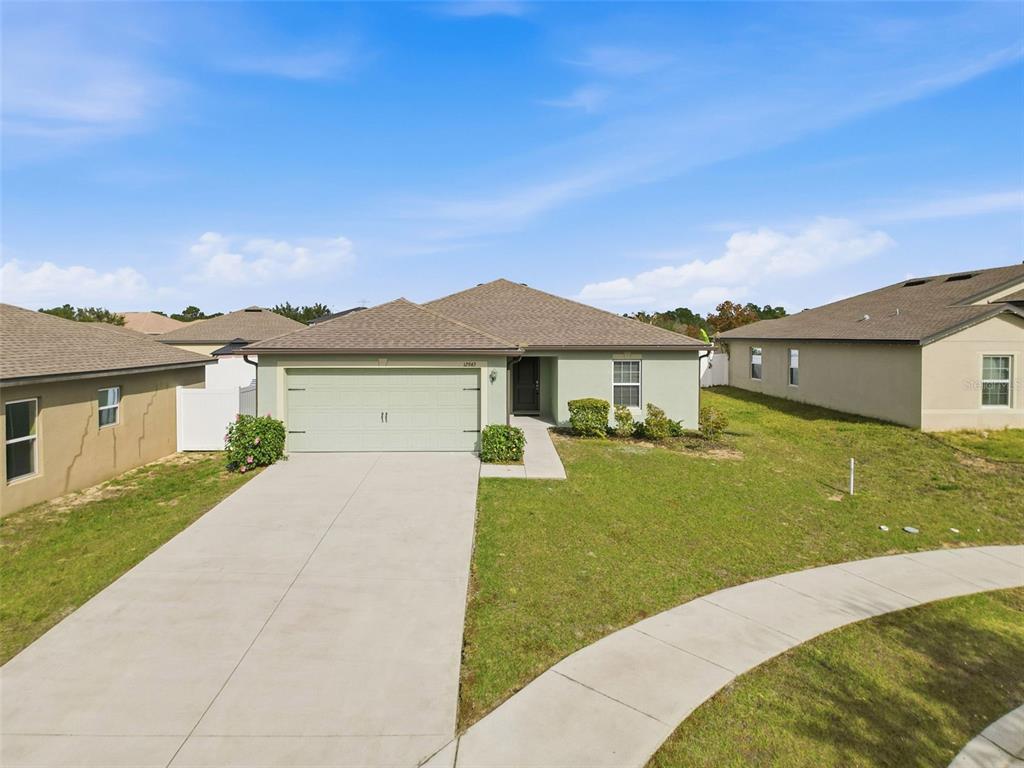 A single-story house with a light green exterior, a two-car garage, and a concrete driveway — 12943 IMPATIENS STREET, SPRING HILL, FL
