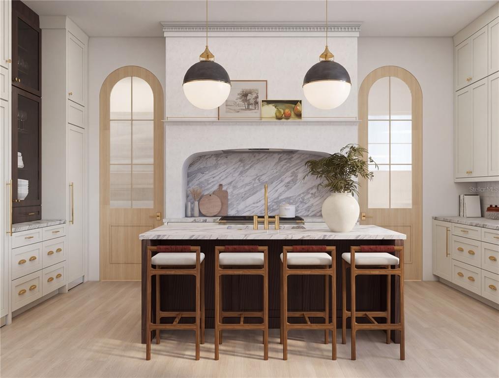 This is a rendering of a kitchen featuring a marble island, stools, and arched doors — 1627 MIZELL AVENUE, WINTER PARK, FL