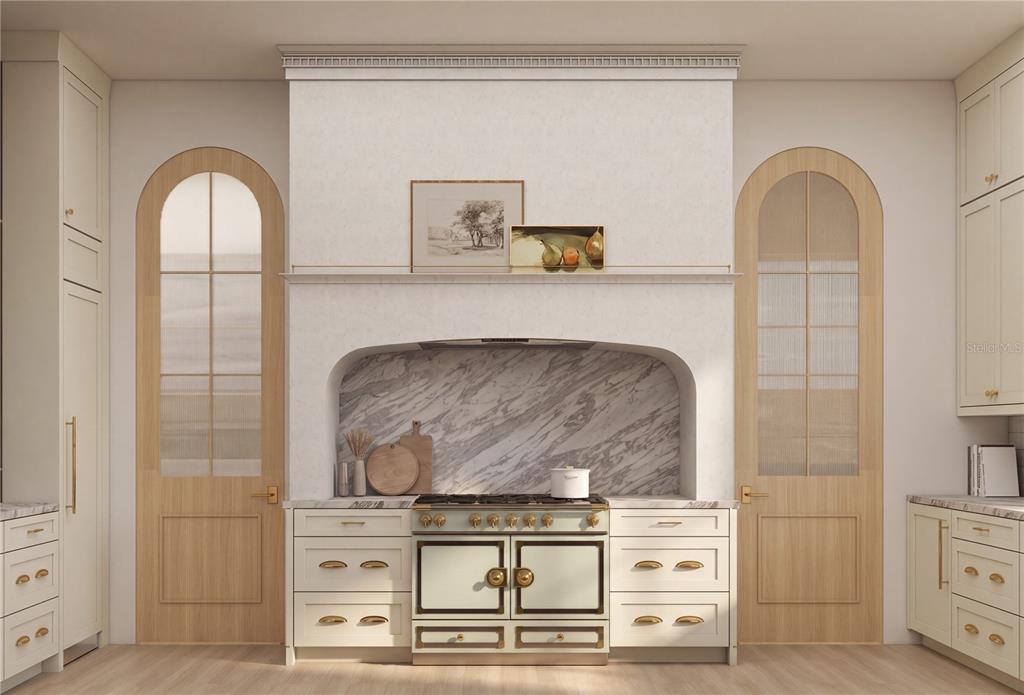 This is a rendering of a kitchen featuring a range hood, marble backsplash, and arched doors — 1627 MIZELL AVENUE, WINTER PARK, FL