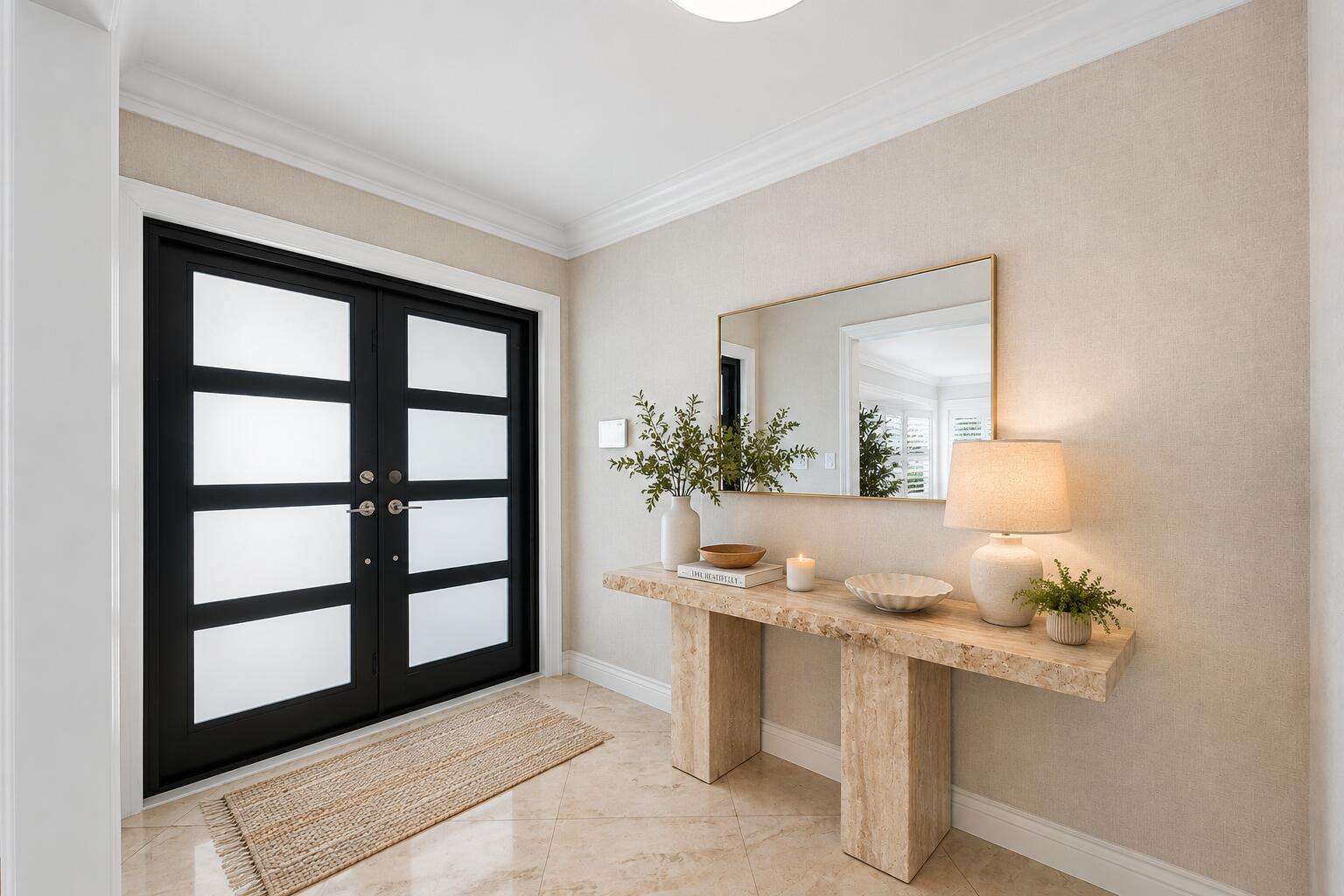 A modern entryway features a black double door, a stone console table, and a mirror — 4230 NE 24th Avenue, Lighthouse Point FL 33064, LIGHTHOUSE POINT, FL