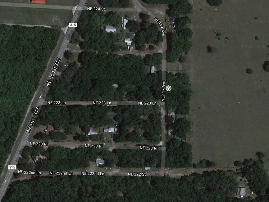 This is an aerial map view of a residential area with intersecting roads and wooded lots — Xxxx NE 117 Avenue, FL 32134, FL