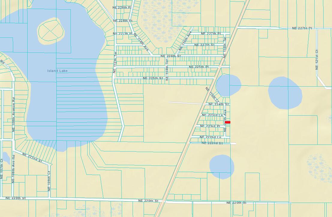 This is a map showing residential streets and bodies of water in a suburban area — Xxxx NE 117 Avenue, FL 32134, FL