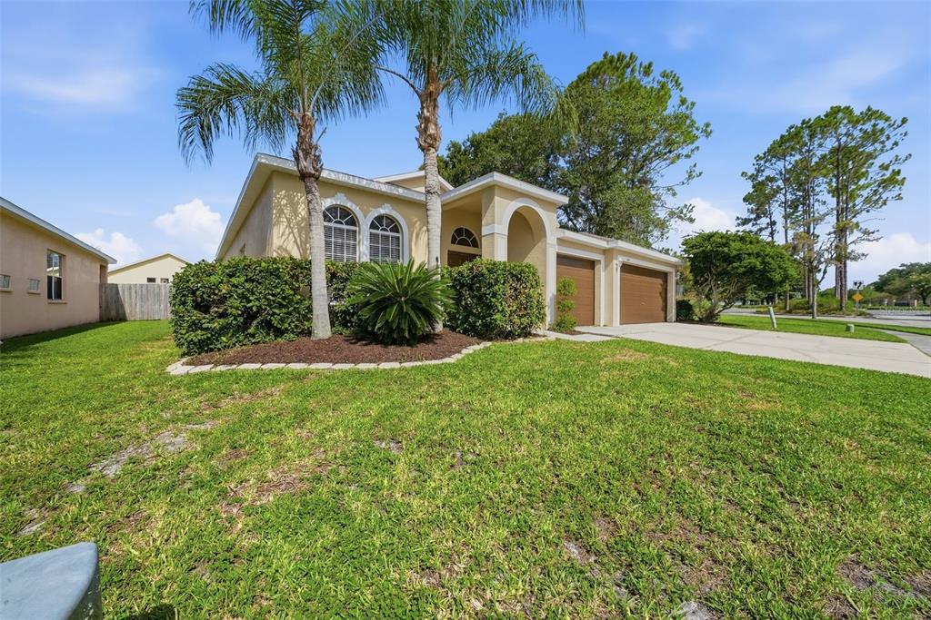 A single-story house with a two-car garage, palm trees, and a landscaped front yard — 5553 BRADDOCK DRIVE, ZEPHYRHILLS, FL