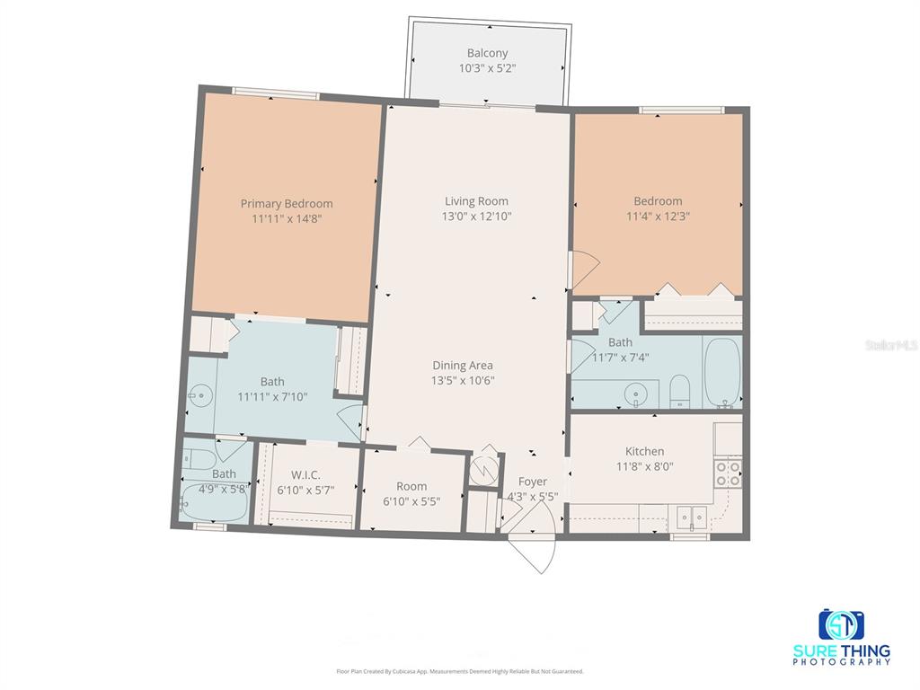 This is a floor plan for a two-bedroom apartment with a balcony and three bathrooms — 100 SILVER BEACH AVENUE UNIT 308, DAYTONA BEACH, FL