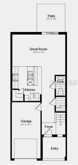 This is a floor plan of a home's ground level featuring a garage and patio — 541 MOONSTONE COURT, GROVELAND, FL