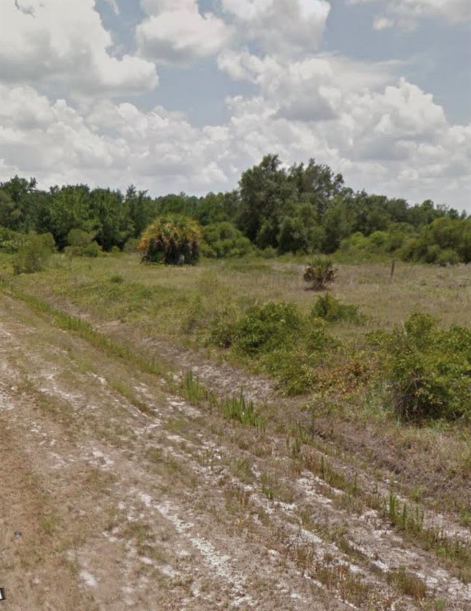 A dirt path runs alongside a grassy, undeveloped field with scattered shrubs and distant trees — 150 N Coral Street, Clewiston FL 33440, CLEWISTON, FL