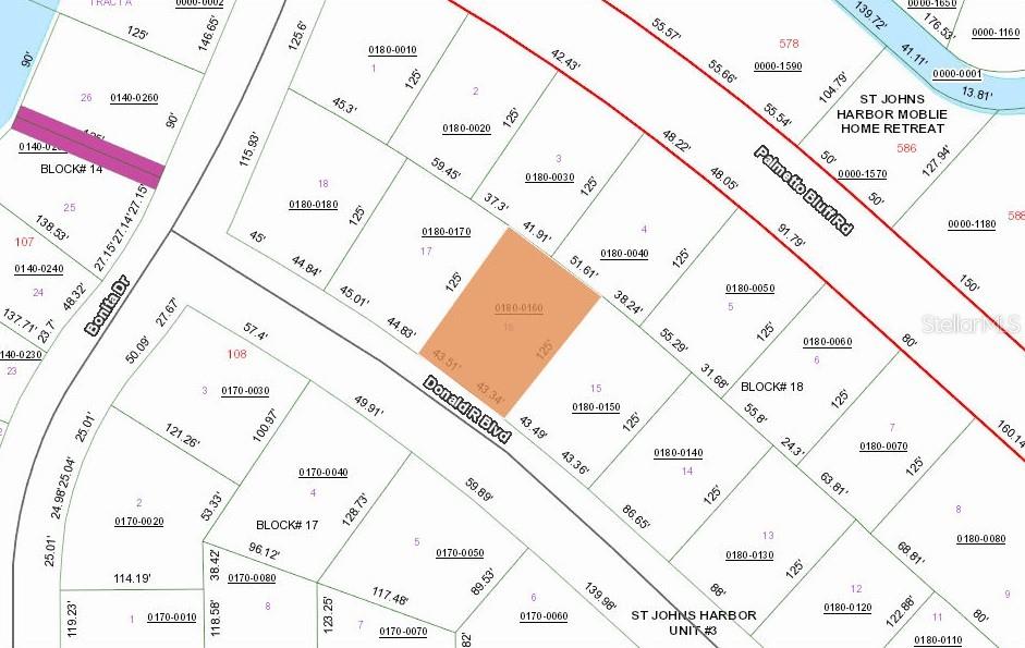 This is a property tax map showing parcel boundaries and street names — 104 DONALD R BOULEVARD, PALATKA, FL