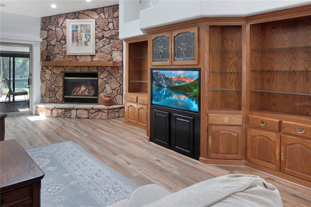 A living room features a stone fireplace, wood flooring, and a large built-in media cabinet — 34205 PARK LANE, LEESBURG, FL