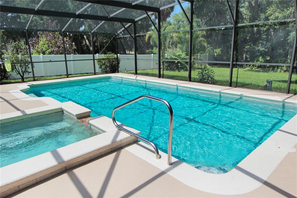 A screened-in swimming pool and attached hot tub sit on a concrete patio — 34205 PARK LANE, LEESBURG, FL