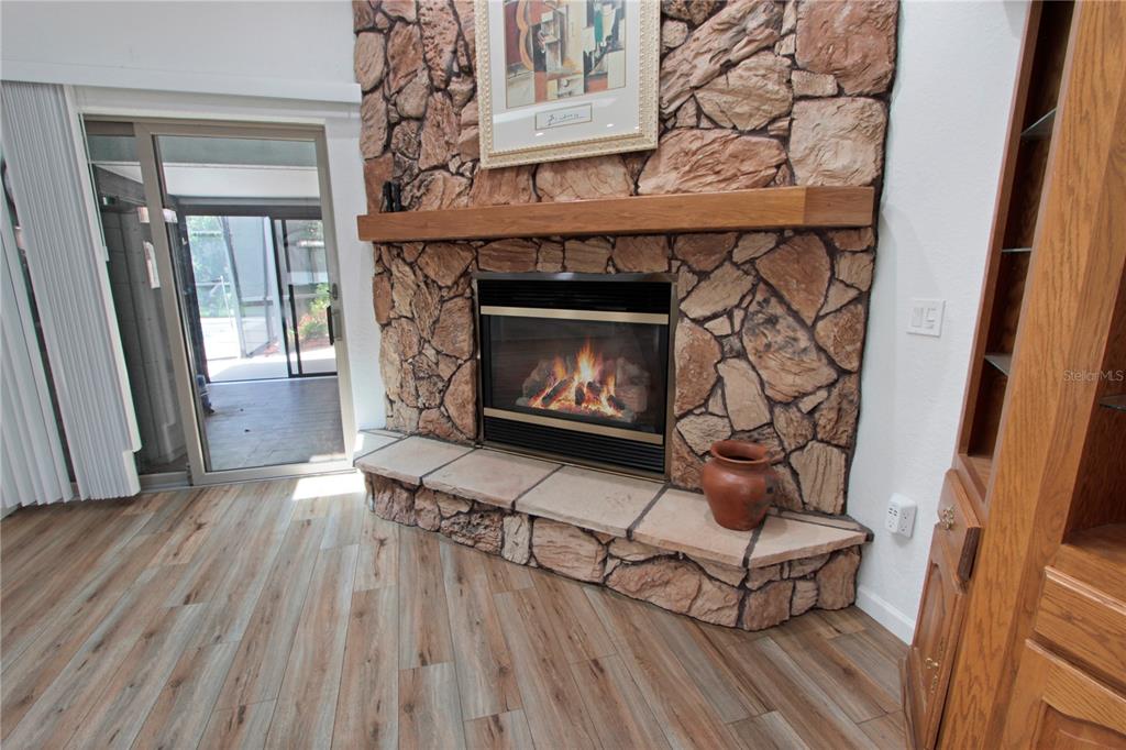 A living room features a stone fireplace with a wood mantel and wood-look flooring — 34205 PARK LANE, LEESBURG, FL