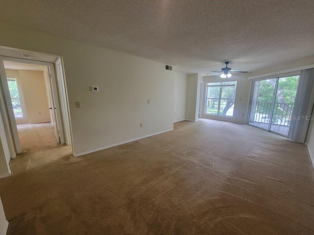 An empty living room features beige carpet, a ceiling fan, and a sliding glass balcony door — 10024 STRAFFORD OAK COURT UNIT 813, TAMPA, FL