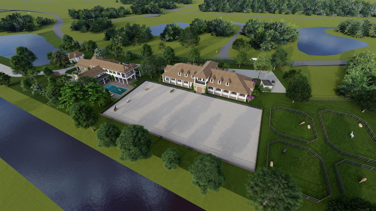 This is a rendering of an equestrian estate featuring a large riding arena and stables — 3102 Greenbriar Boulevard, Wellington FL 33414, WELLINGTON, FL