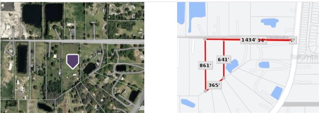 This image shows a satellite view and a corresponding map with property boundary measurements — 4210 CARDINAL LANE, KISSIMMEE, FL