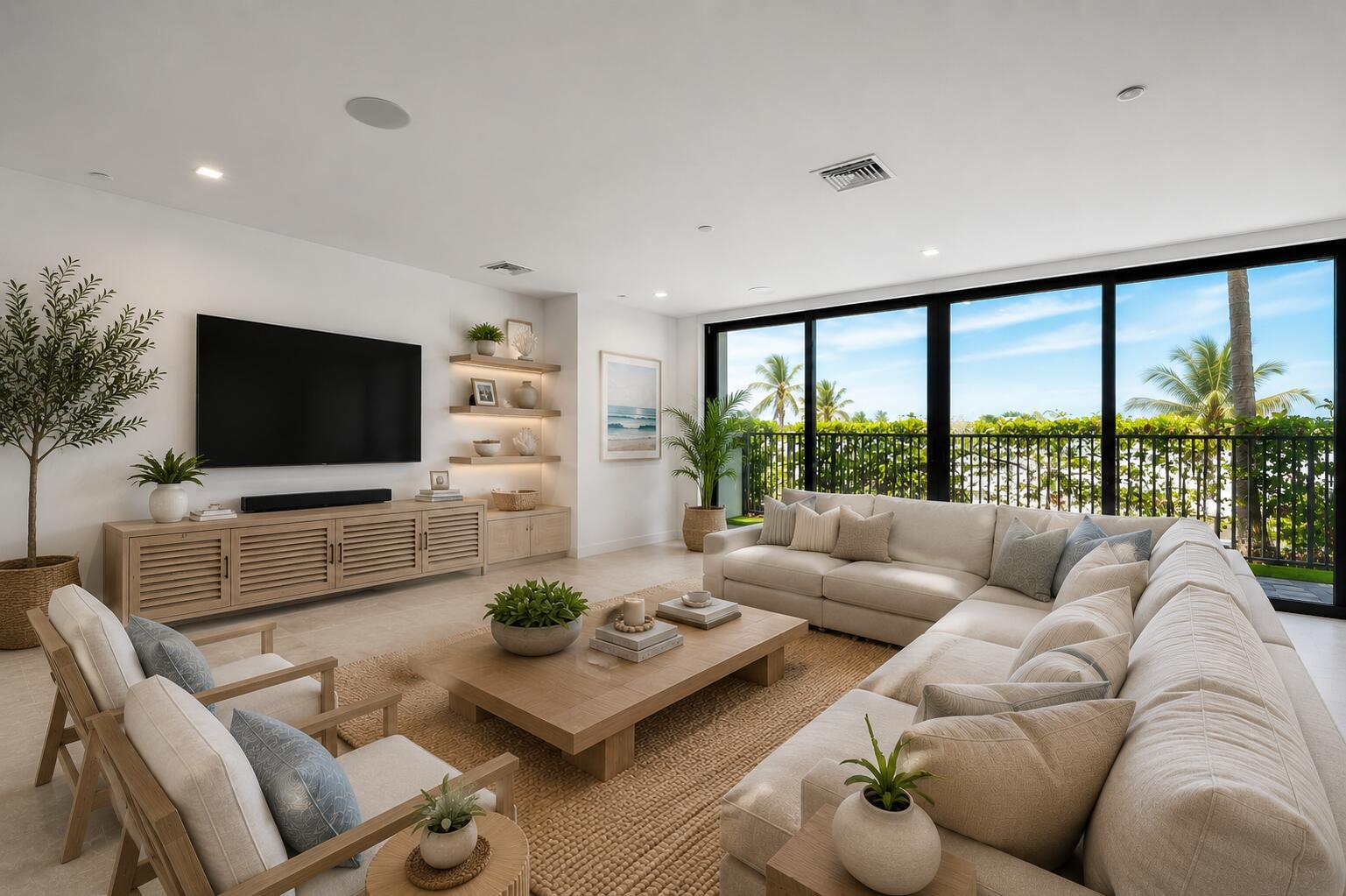 A bright living room features a large sectional sofa, wooden coffee table, and floor-to-ceiling windows — 11505 Old Ocean Boulevard, Ocean Ridge FL 33435, OCEAN RIDGE, FL
