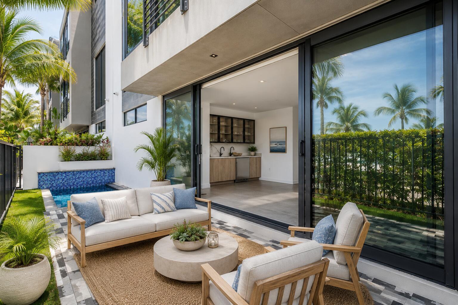 A patio with outdoor furniture and a small pool sits outside a modern indoor kitchenette — 11505 Old Ocean Boulevard, Ocean Ridge FL 33435, OCEAN RIDGE, FL