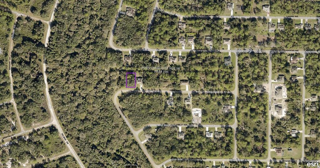 This is an aerial map showing a vacant lot outlined in purple within a residential neighborhood — 0967058148 FLING AVENUE, NORTH PORT, FL