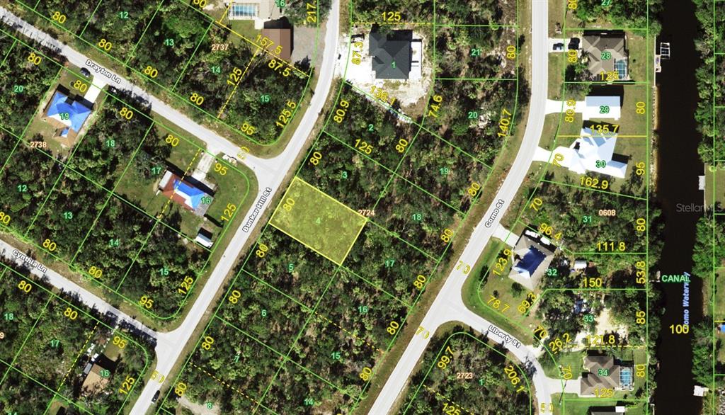 This is a satellite map showing a vacant residential lot highlighted in yellow — 3254 BUNKER HILL STREET, PORT CHARLOTTE, FL