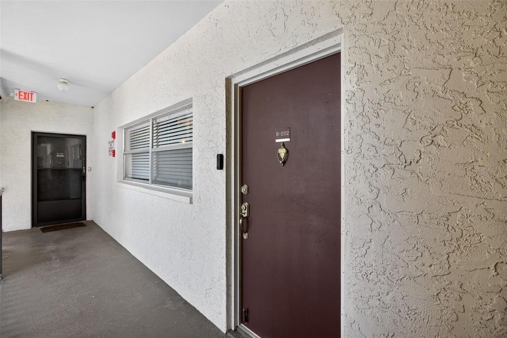 An exterior hallway shows a brown apartment door labeled B-202 and a glass exit door — 6370 1ST STREET N UNIT 202, ST PETERSBURG, FL