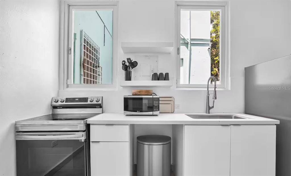A kitchen features white cabinets, stainless steel appliances, a microwave, and two windows — 250 CALLE DEL PARQUE UNIT 1B, SAN JUAN, PR