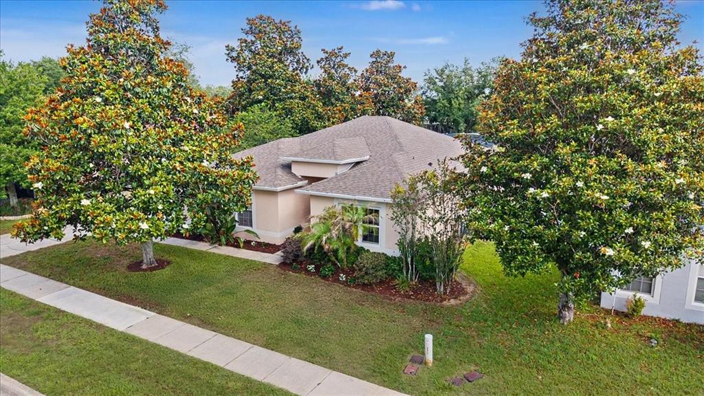 A single-story house with a tan exterior and a shingled roof sits behind large trees — 2543 PALMETTO RIDGE CIRCLE, APOPKA, FL