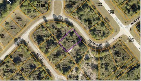 This is an aerial map view of a vacant residential lot outlined in purple — NEWMAN DRIVE, NORTH PORT, FL