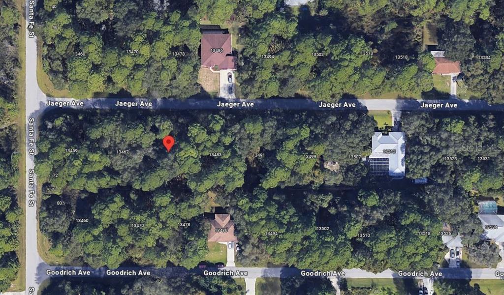 This aerial map shows a wooded residential lot marked with a red pin — 13475 JAEGER AVENUE, PORT CHARLOTTE, FL
